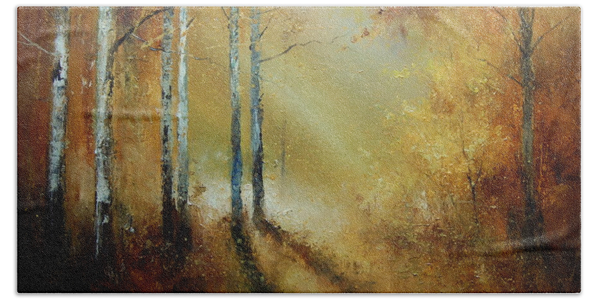 Russian Artists New Wave Bath Towel featuring the painting Golden Light in Autumn Woods by Igor Medvedev
