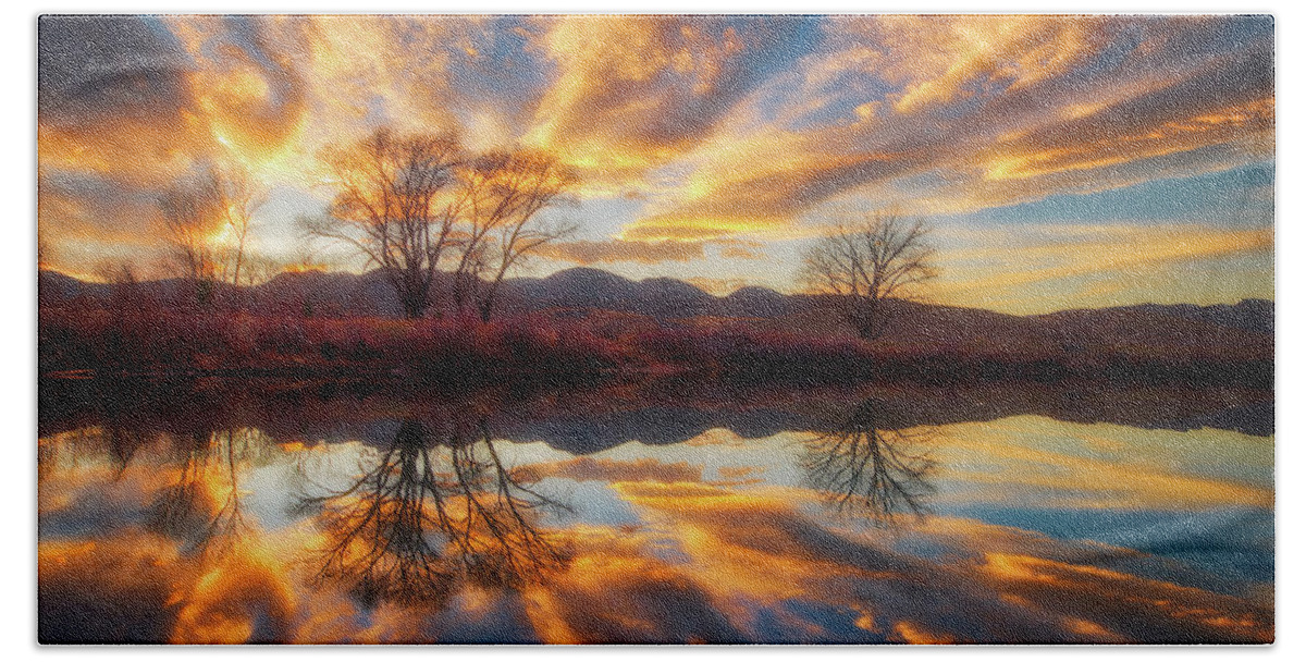 Colorado Bath Towel featuring the photograph Golden Light on the Pond by Darren White