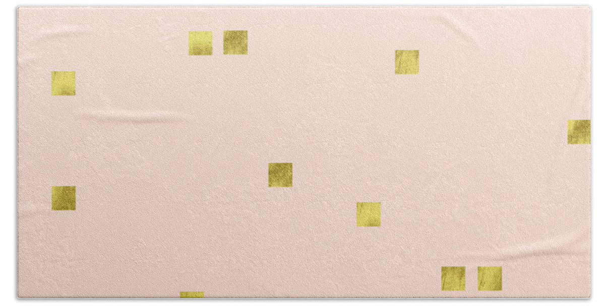 Minimalist Hand Towel featuring the digital art Golden scattered confetti pattern, baby pink background by Tina Lavoie