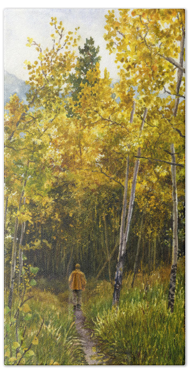 Golden Leaves Painting Bath Towel featuring the painting Golden Solitude by Anne Gifford