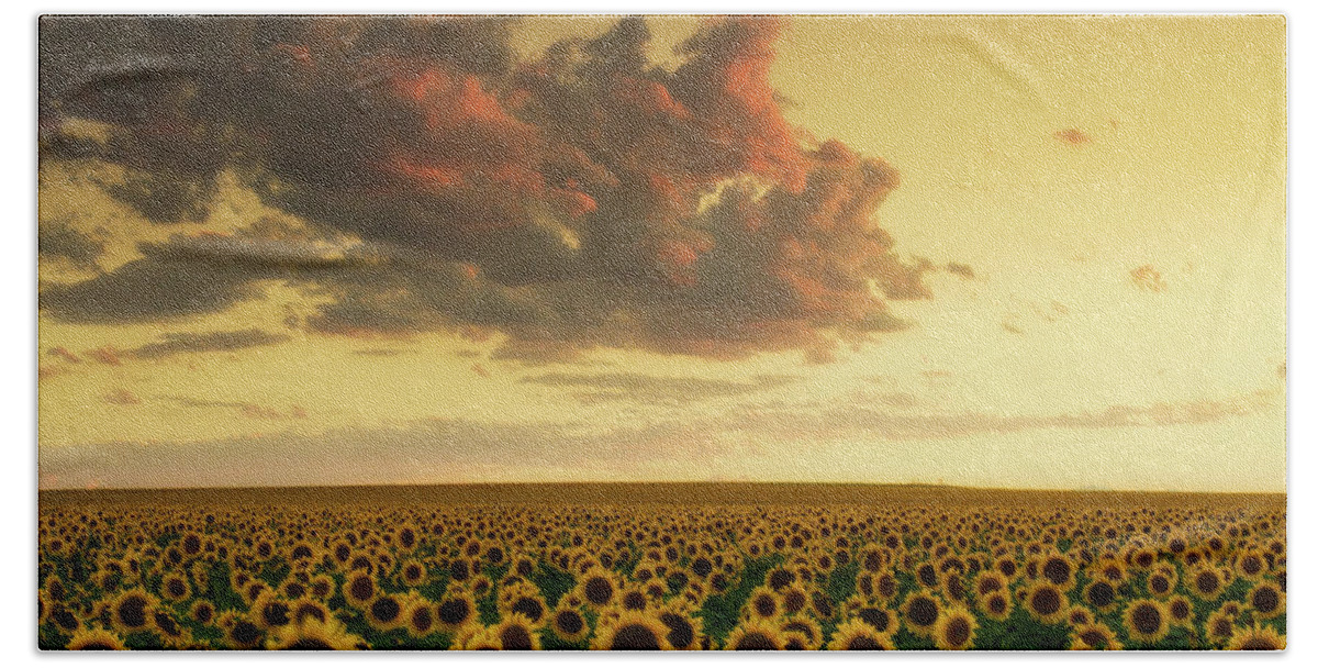 Colorado Bath Towel featuring the photograph Golden Sunflower Skies by John De Bord