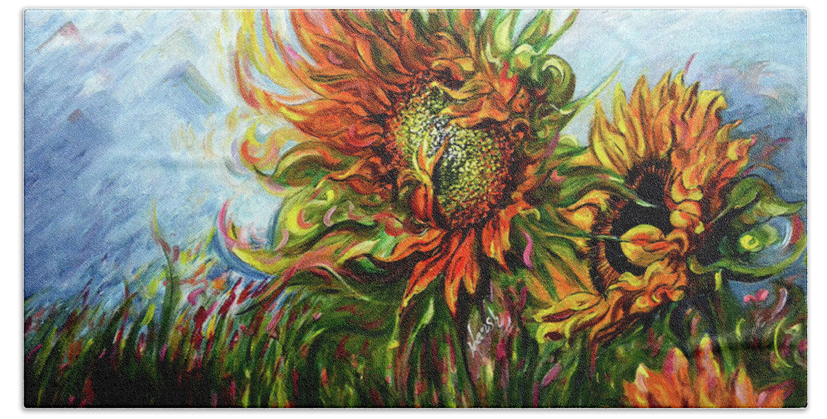 Sunflowers Bath Towel featuring the painting Golden Sunflowers - Harsh Malik by Harsh Malik