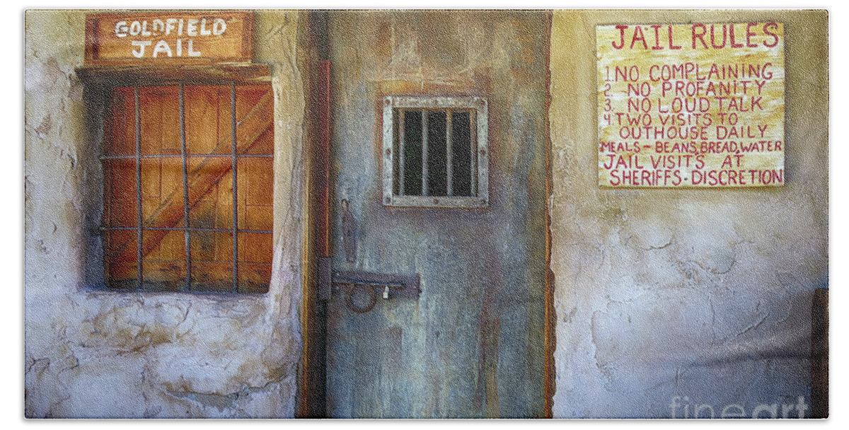 Ghost Town Bath Towel featuring the photograph Goldfield Ghost Town Jail by Teresa Zieba