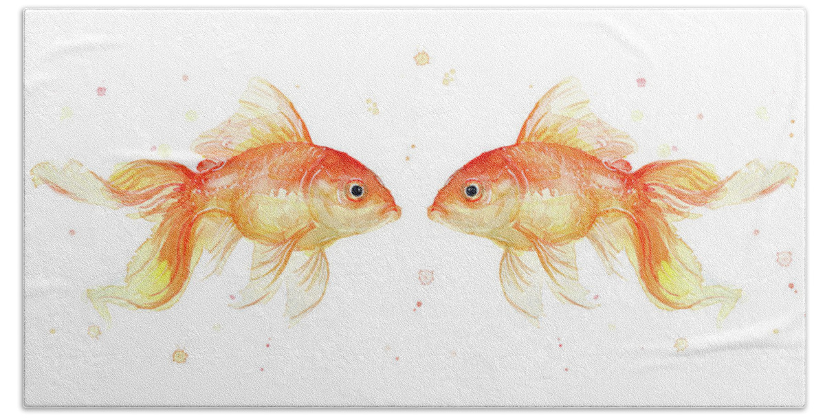Gold Hand Towel featuring the painting Goldfish love Watercolor by Olga Shvartsur
