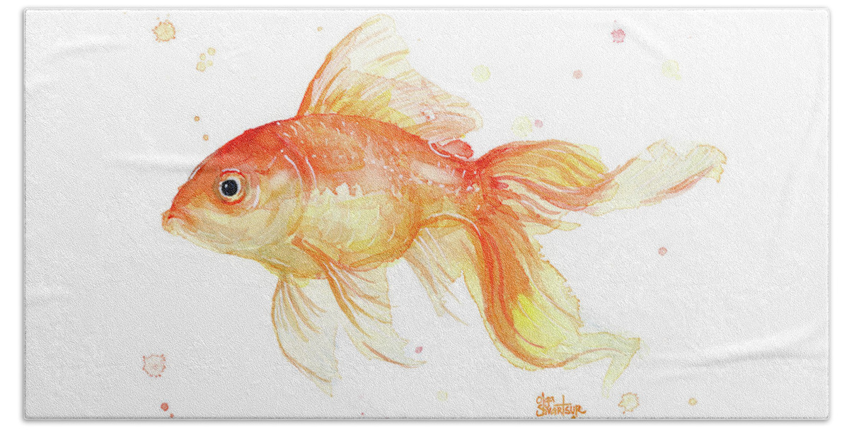 Gold Hand Towel featuring the painting Goldfish Painting Watercolor by Olga Shvartsur