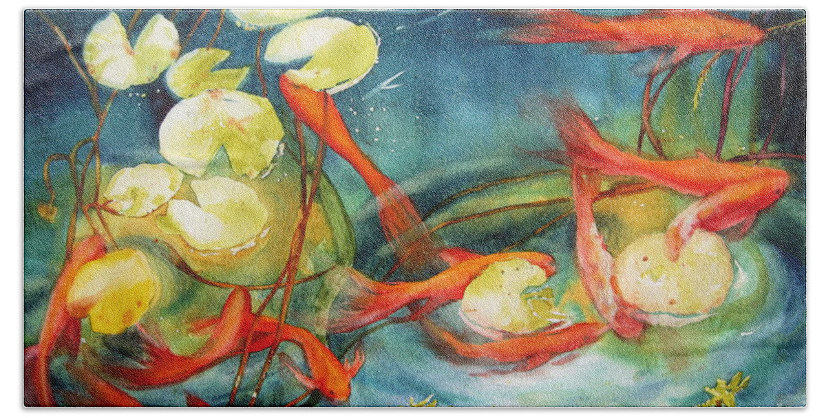 Fish Hand Towel featuring the painting Goldfish Pond by Shirley Braithwaite Hunt