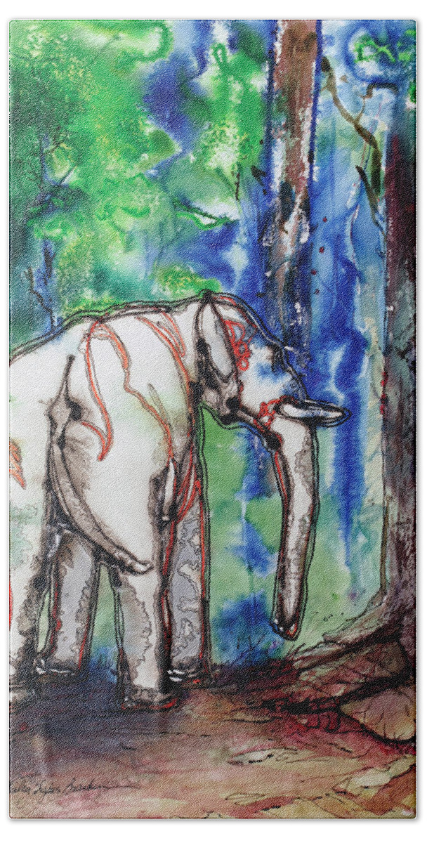 Elephant Hand Towel featuring the painting Goldie the Elephant by Shirley Sykes Bracken