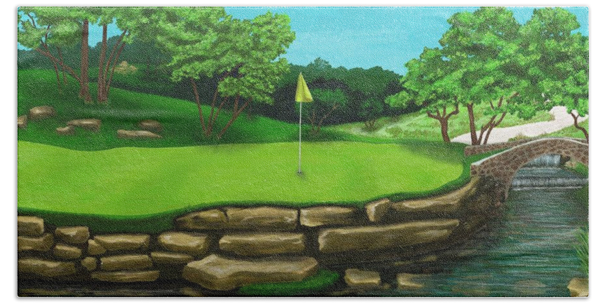 Golf Bath Towel featuring the digital art Golf Green Hole 16 by Troy Stapek