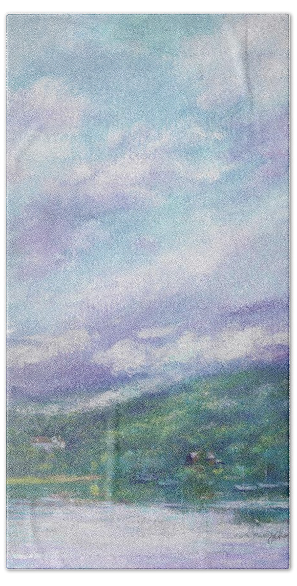 Gorgeous Cloudscape Hand Towel featuring the painting Gorgeous Lake Landscape by Judith Cheng