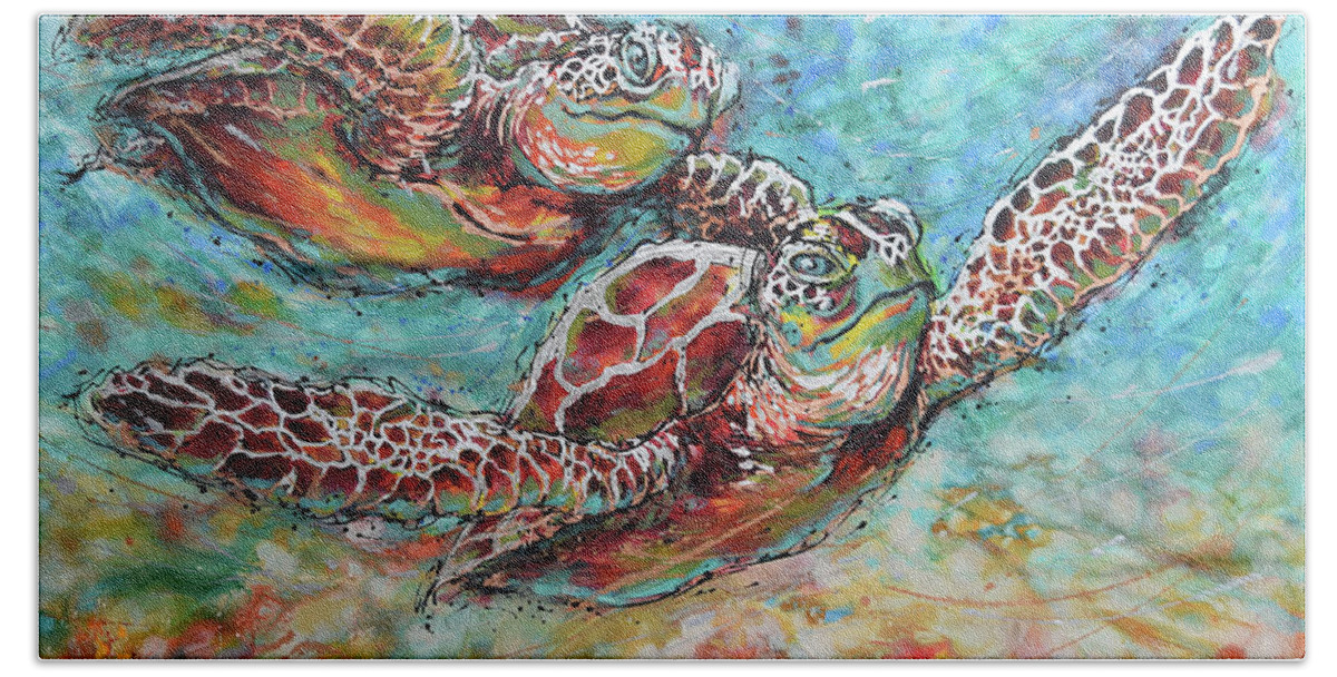 Marine Turtles Bath Towel featuring the painting Sea Turtle Buddies by Jyotika Shroff