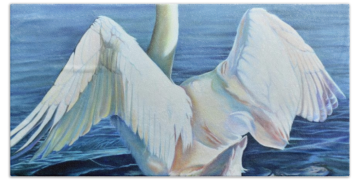 #swan #wings #wing #blue #mute #spread #water #lakes #lake #nature #landscape #naturally #wildlife #life #inspiring #waters #landscapes Bath Towel featuring the painting Graceful Warning by Stella Marin