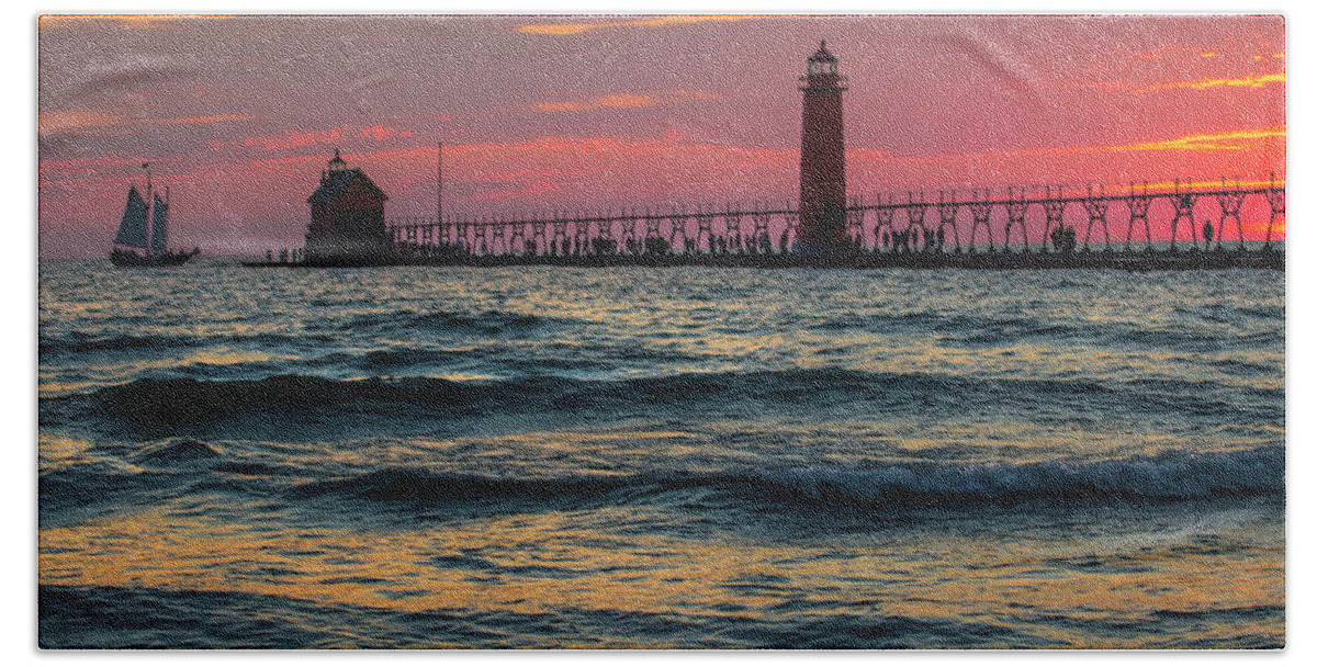 Pier Hand Towel featuring the photograph Grand Haven Pier Sail by Pat Cook