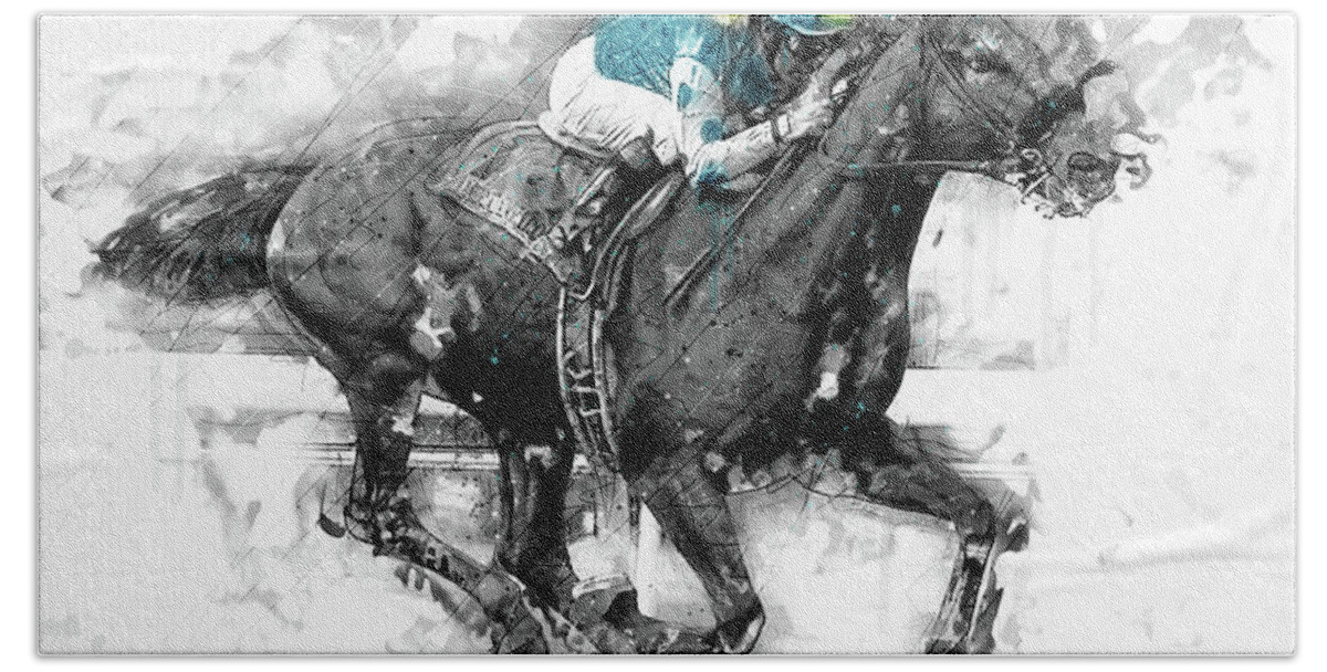 Horse Hand Towel featuring the digital art American Pharoah Grand Slam 15 by Gary Bodnar