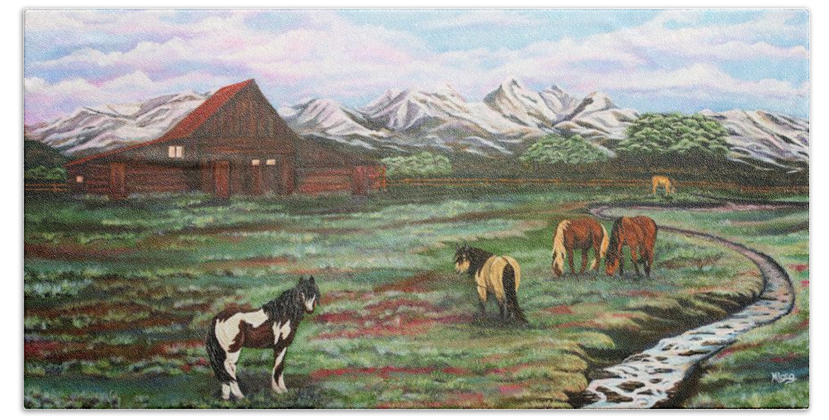 Grand Teton Mountain Bath Towel featuring the painting Grand Teton Mountains by Michelle Joseph-Long
