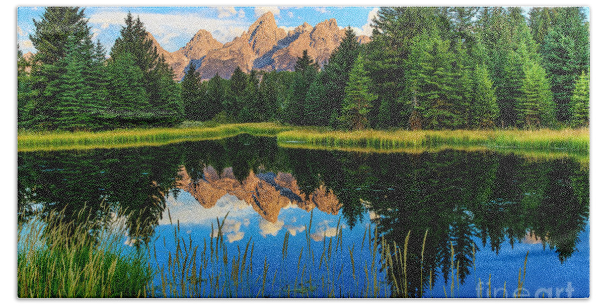 Sunrise Hand Towel featuring the photograph Grand Teton Reflections in Snake River by Ben Graham