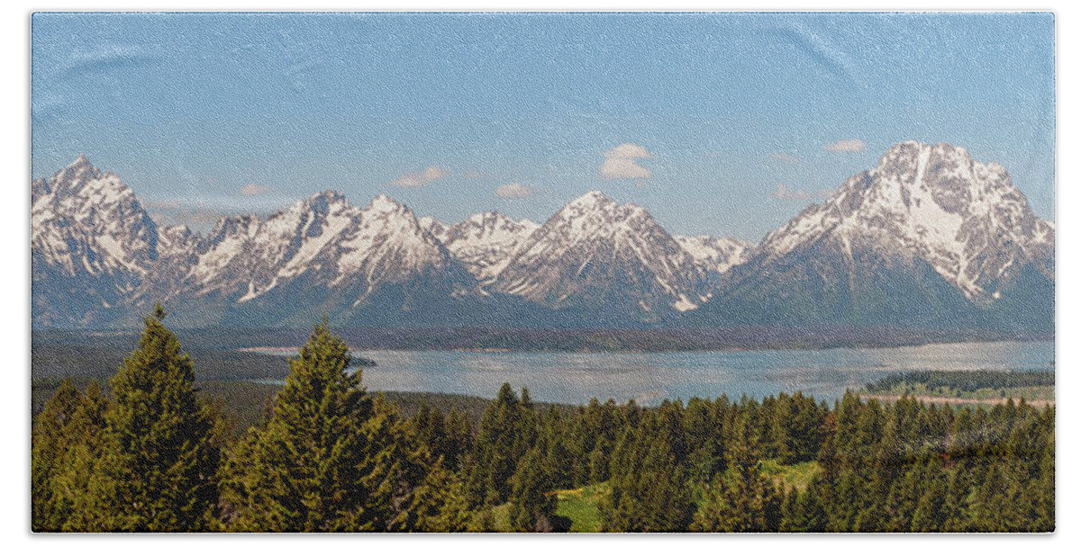 Grand Tetons Over Jackson Lake Teton National Park Panoramic Landscape Hand Towel featuring the photograph Grand Tetons Over Jackson Lake Panorama by Brian Harig