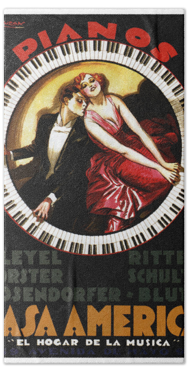 Vintage Hand Towel featuring the mixed media Grandest Pianos at Casa America - Vintage Advertising Poster by Studio Grafiikka