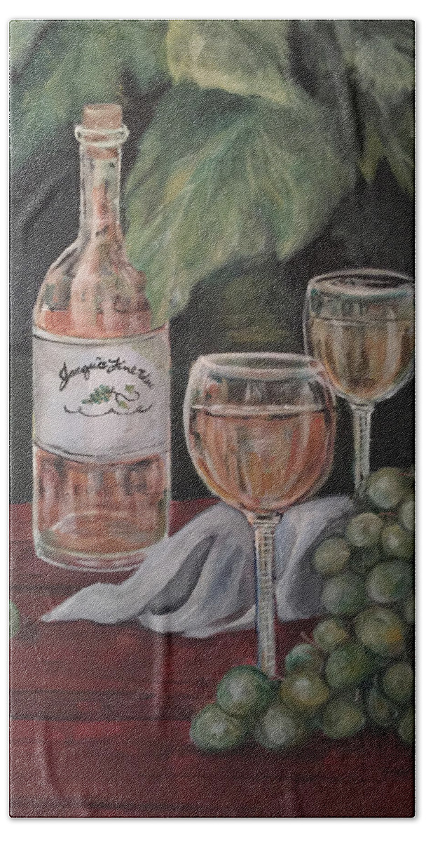 Green Grape Leaves And Grapes Surround A Bottle Of Wine With 2 Glasses. Grapes Bath Towel featuring the painting Grape Leaves and Wine by Charme Curtin
