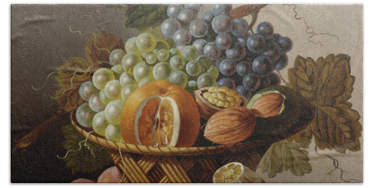 Grape Hand Towel featuring the painting Grapes, an orange and walnuts in a wicker basket with a lemon and plums, all on a marble ledge by Johannes Cornelis Bruyn