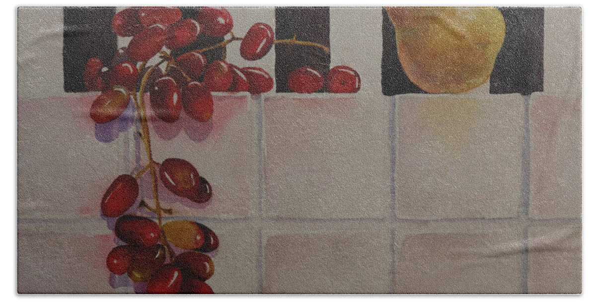 Fruit Bath Towel featuring the painting Grapes and Pear by Ruth Kamenev