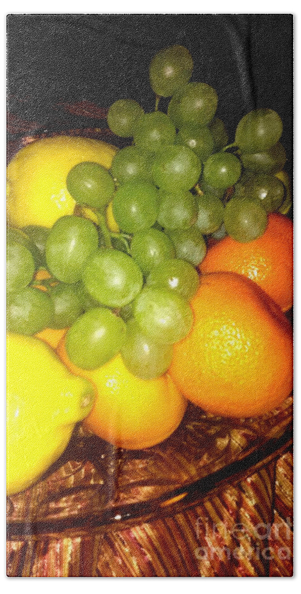  Grapes Hand Towel featuring the photograph Grapes, mandarins, lemons by Oksana Semenchenko