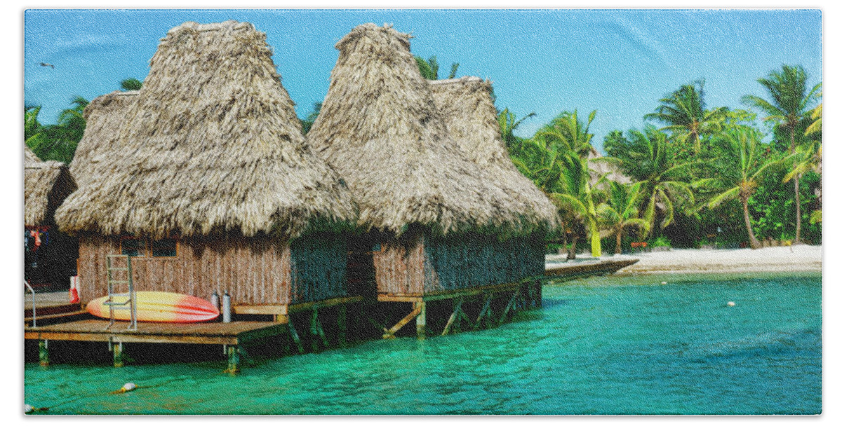 Belize Hand Towel featuring the photograph Grass Huts on the water of Ambergris Caye Belize by Waterdancer