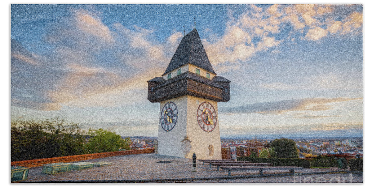Aerial Hand Towel featuring the photograph Graz Clock Tower by JR Photography
