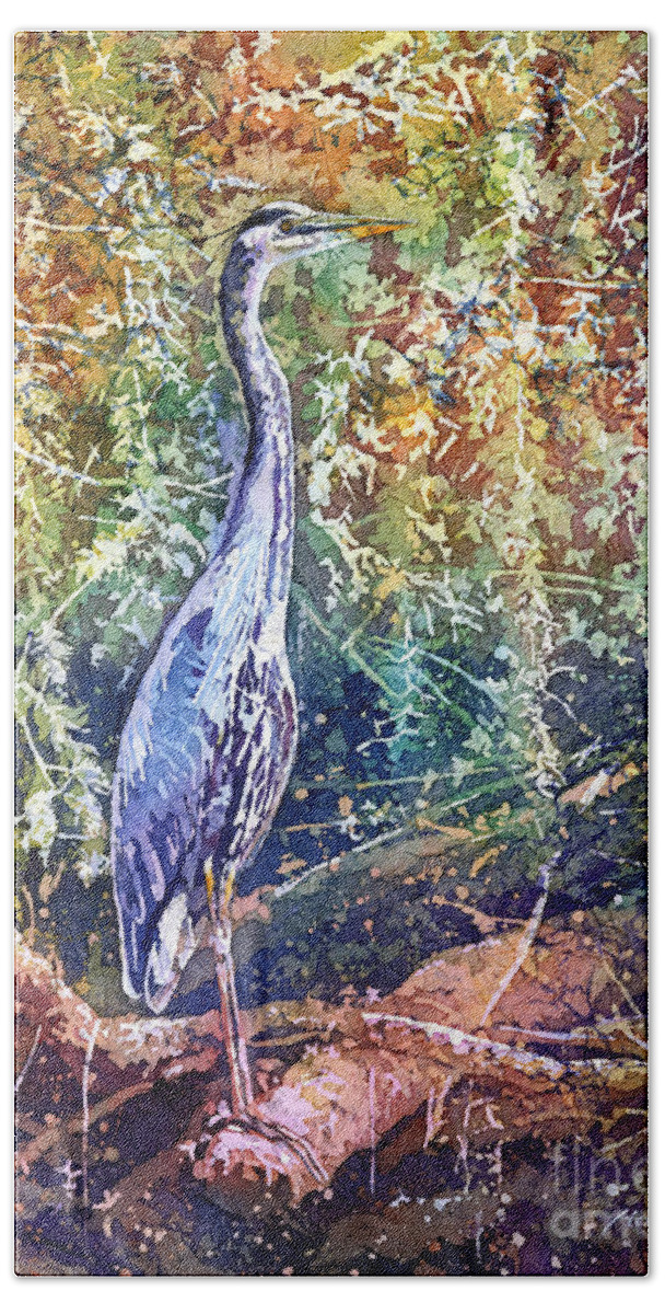 Heron Hand Towel featuring the painting Great Blue Heron by Hailey E Herrera