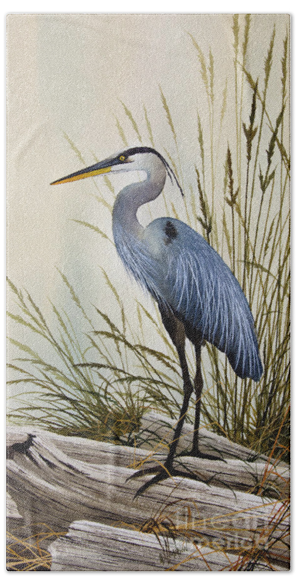 Great Blue Heron. Great Blue Heron Painting Bath Sheet featuring the painting Great Blue Heron Shore by James Williamson