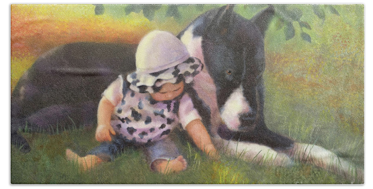 Baby And Dog Hand Towel featuring the painting Great Dane with Baby by Nancy Lee Moran
