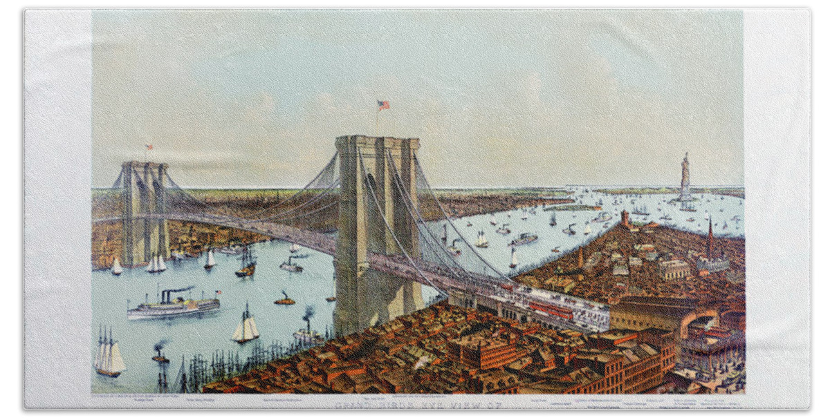 Brooklyn Bridge Bath Towel featuring the drawing Great East River suspension bridge 1892 by Vintage Treasure