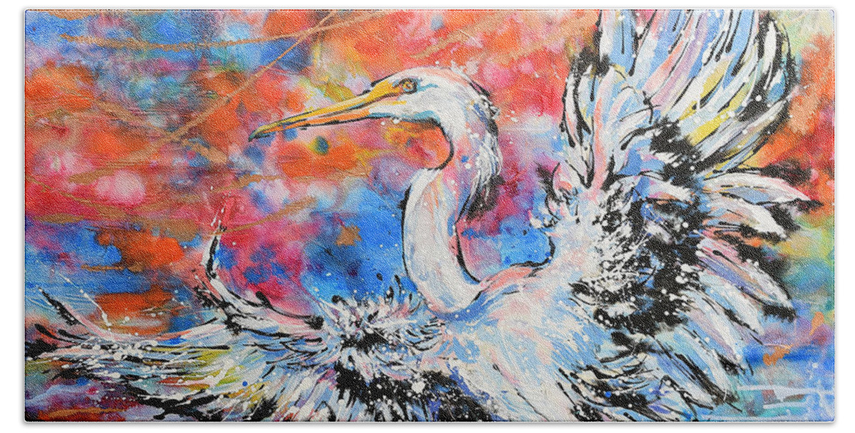  Bath Towel featuring the painting Great Egret Sunset Glory by Jyotika Shroff