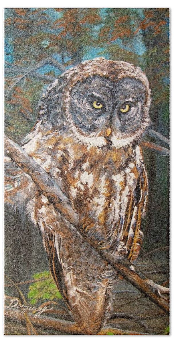 Tags Bath Towel featuring the painting Great Grey Owl 2 by Sharon Duguay