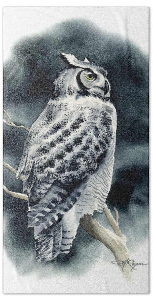 Great Hand Towel featuring the painting Great Horned Owl by David Rogers