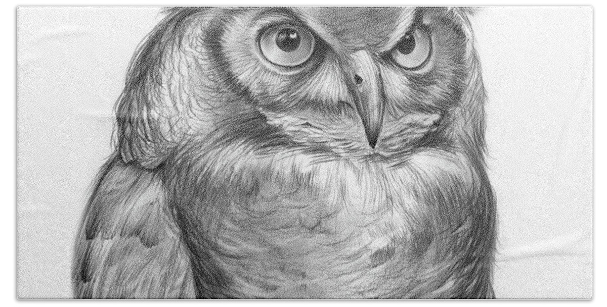 Owl Hand Towel featuring the drawing Great Horned Owl by Greg Joens