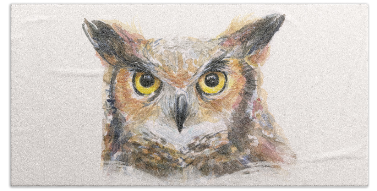Owl Bath Sheet featuring the painting Great Horned Owl Watercolor by Olga Shvartsur