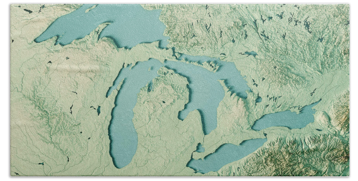 North America Hand Towel featuring the digital art Great Lakes 3D Render Topographic Map Color by Frank Ramspott