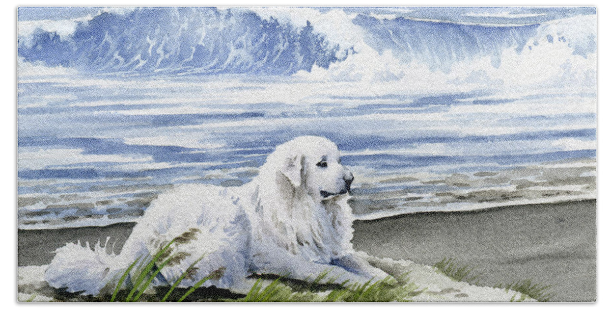 Great Hand Towel featuring the painting Great Pyrenees at the Beach by David Rogers