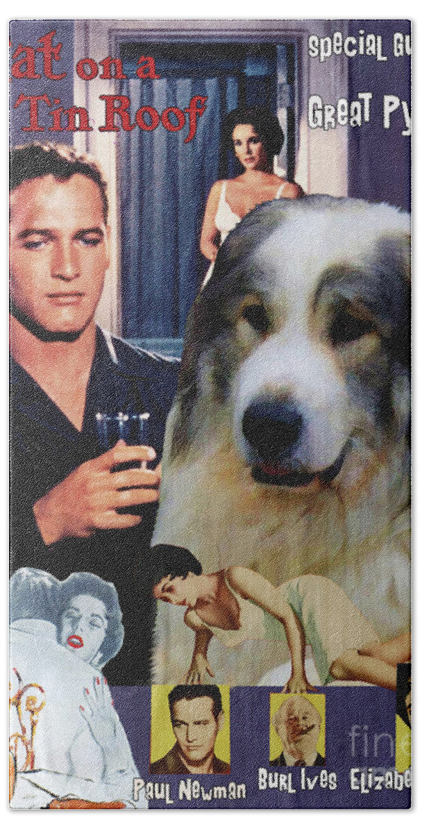 Great Pyrenees Bath Towel featuring the painting Great Pyrenees - Pyrenean Mountain Dog Art Canvas Print - Cat on a Hot Tin Roof Movie Poster by Sandra Sij