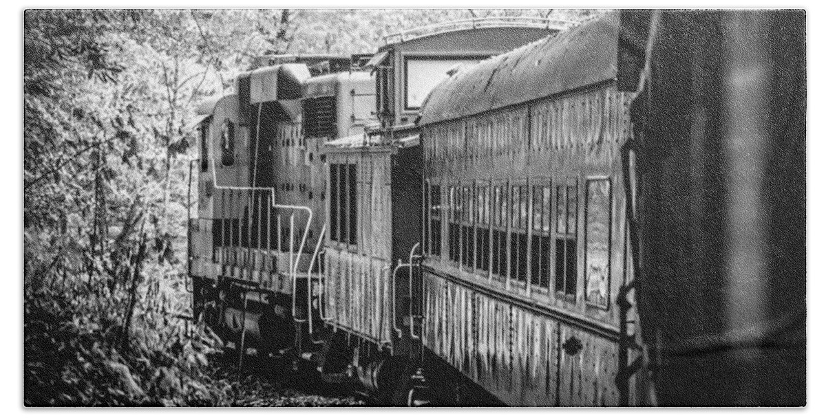 Kelly Hazel Bath Towel featuring the photograph Great Smokey Mountain Railroad Looking Out at the Train in Black and White by Kelly Hazel