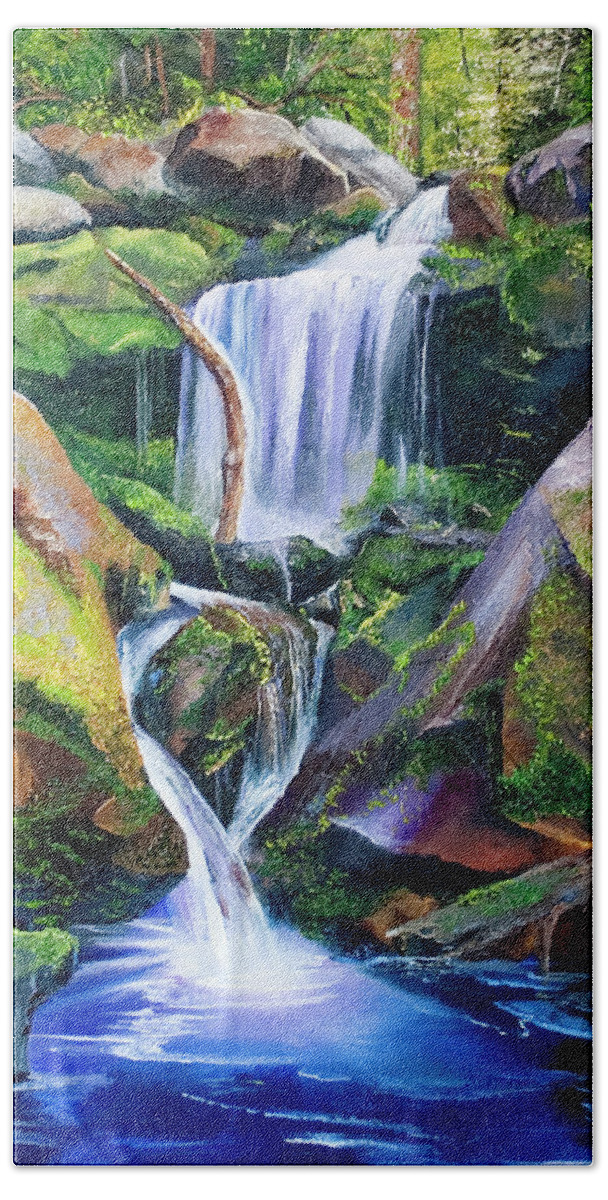 Landscape Bath Towel featuring the painting Great Smoky Waterfall by Terry R MacDonald