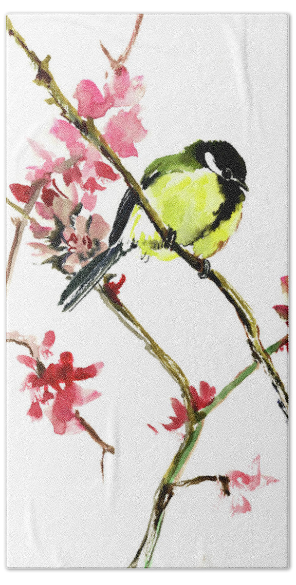 Spring Bath Towel featuring the painting Great Tit and Spring Blossom by Suren Nersisyan