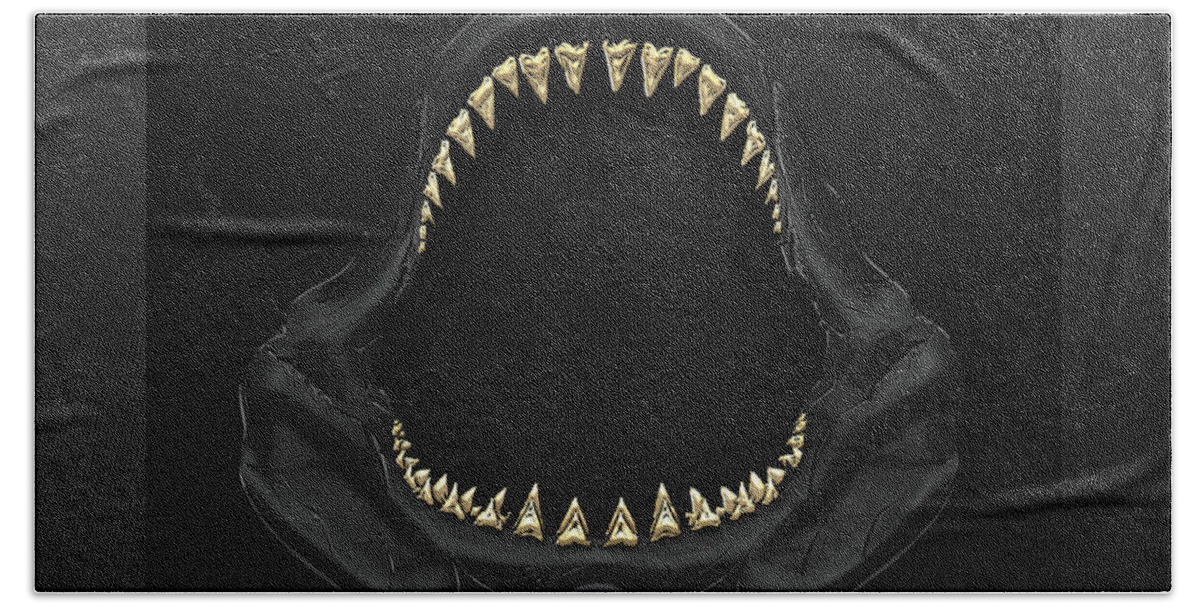 black On Black Collection By Serge Averbukh Bath Towel featuring the photograph Great White Shark Jaws with Gold Teeth by Serge Averbukh
