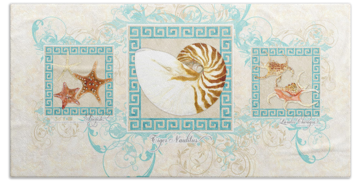 Seashells Bath Towel featuring the painting Greek Key Nautilus Starfish n Conch Shells by Audrey Jeanne Roberts