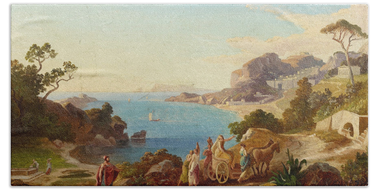 Heinrich Gaertner Bath Towel featuring the painting Greek Landscape with Odysseus and Nausicaa by Heinrich Gaertner