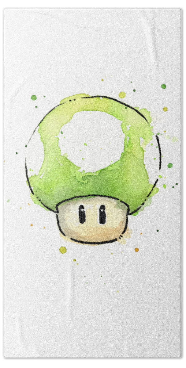Video Game Hand Towel featuring the painting Green 1UP Mushroom by Olga Shvartsur