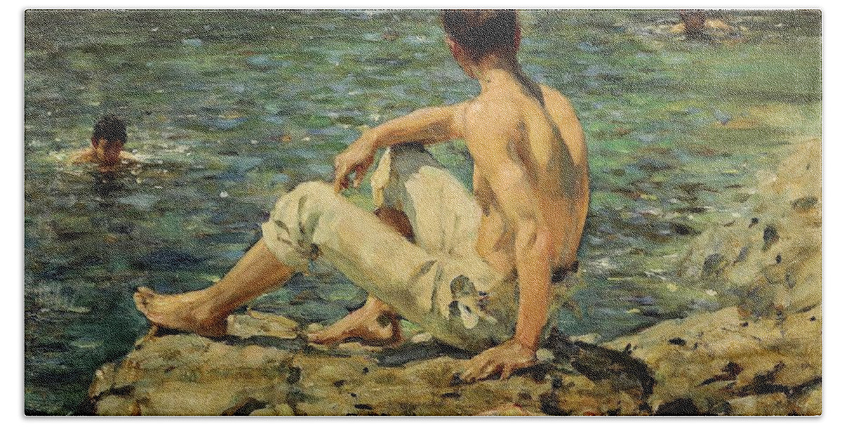 Green And Gold Bath Towel featuring the painting Green and Gold by Henry Scott Tuke