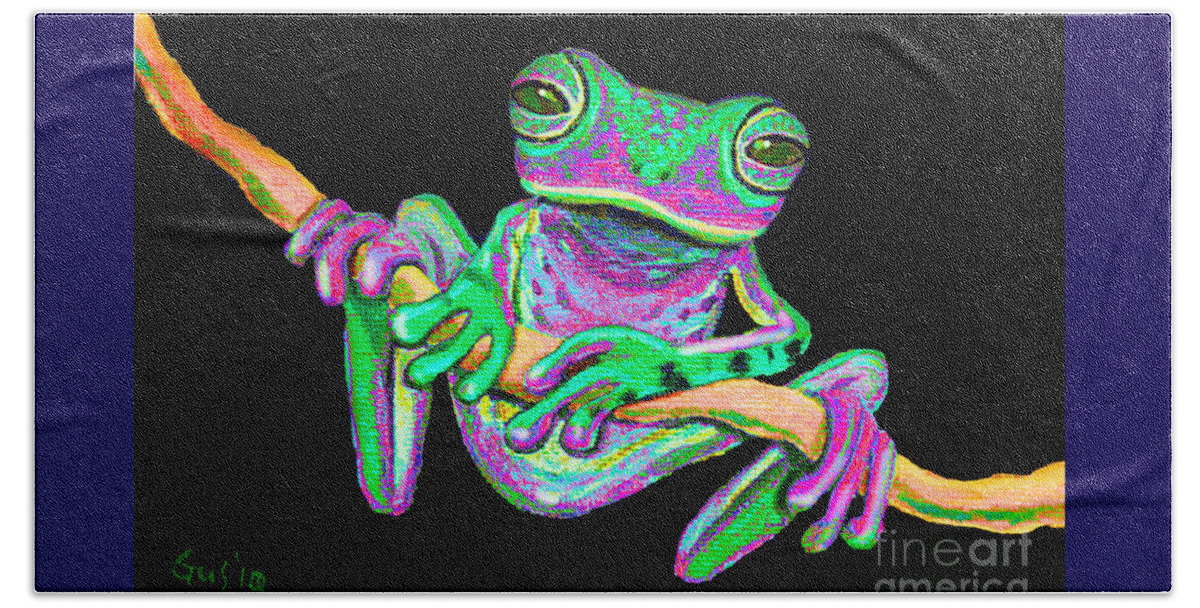 Frog Art Hand Towel featuring the painting Green and Pink Frog by Nick Gustafson