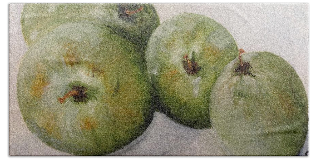 Still Life Hand Towel featuring the painting Green apples by Chuck Gebhardt