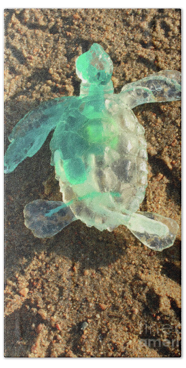 Sculpture Hand Towel featuring the sculpture Green Baby Sea Turtle from the Feral Plastic series by Adam Long by Adam Long